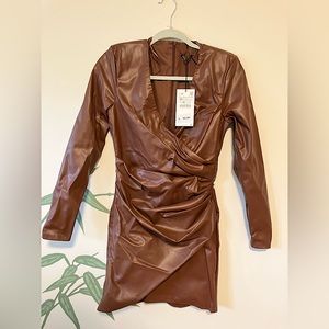 NWT ZARA Faux Leather Chocolate Brown Mini Dress